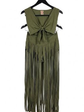 80s J. Valentine 2pc Set Olive Green Faux Suede Fringe Shorts Top Small VTG